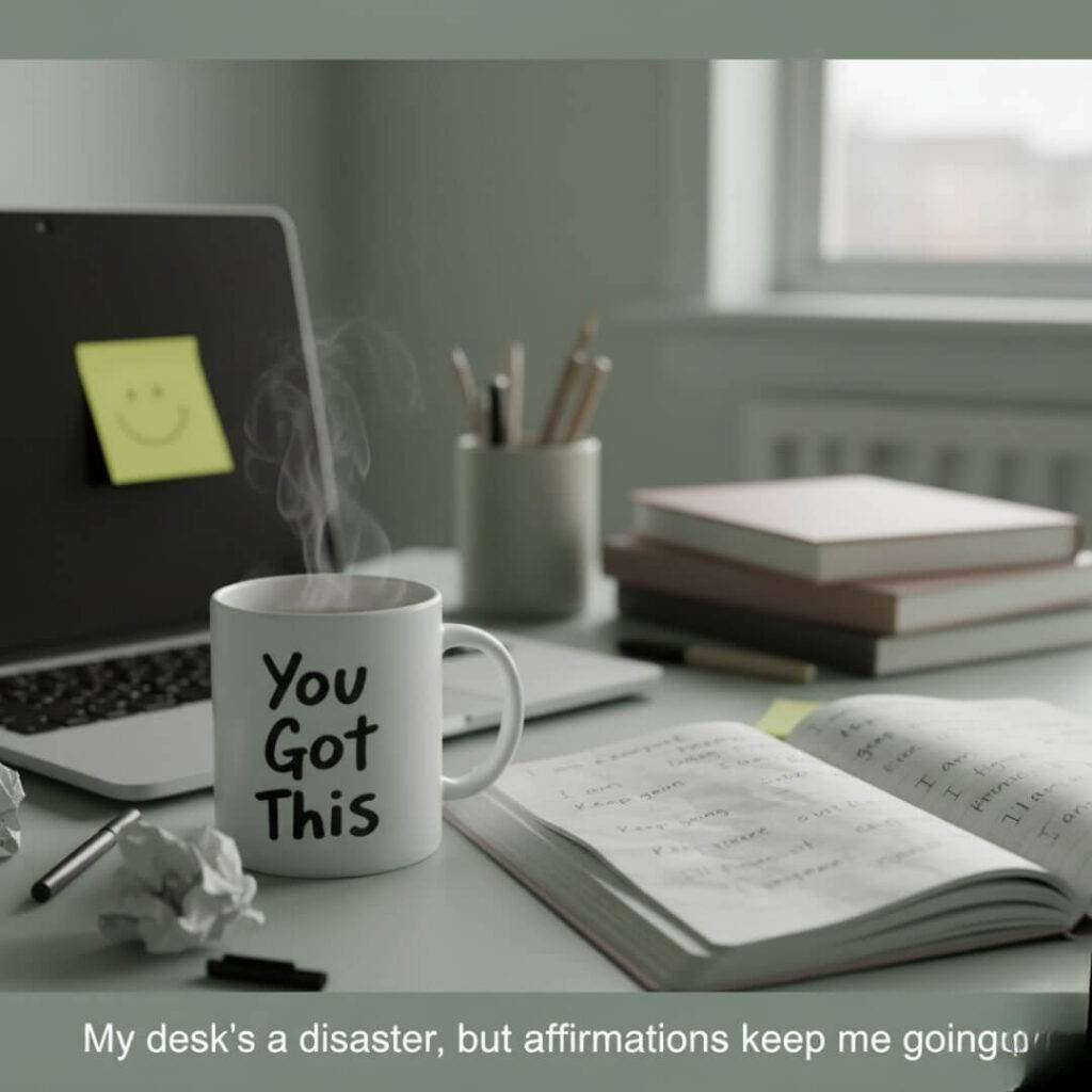 A slightly blurry, wonky-angled shot of a messy desk with a steaming coffee mug reading "You Got This," a notebook with smudged affirmations, and a yellow sticky note on a laptop.