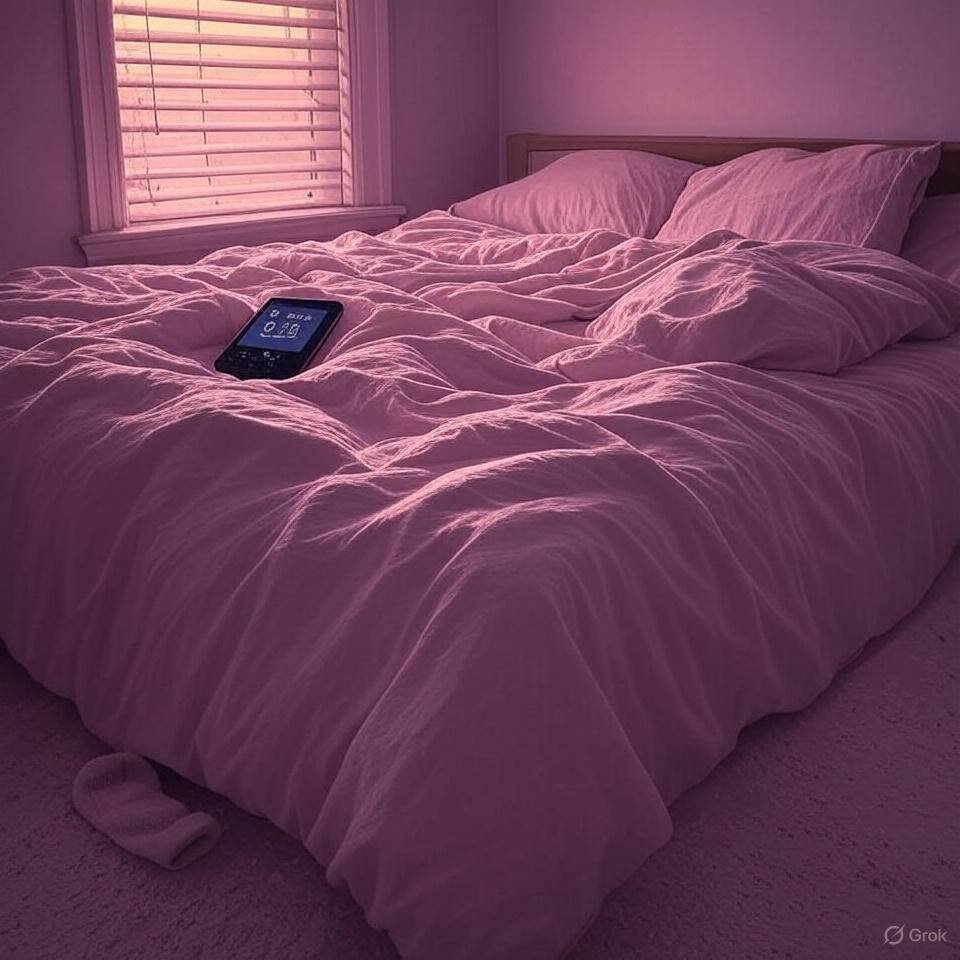 An impressionistic digital painting of an unmade bed with a phone alarm showing 6:15 AM, a lone sock on the floor, and soft dawn light filtering through crooked blinds, in dusty pinks with hints of charcoal, evoking a bittersweet tone.