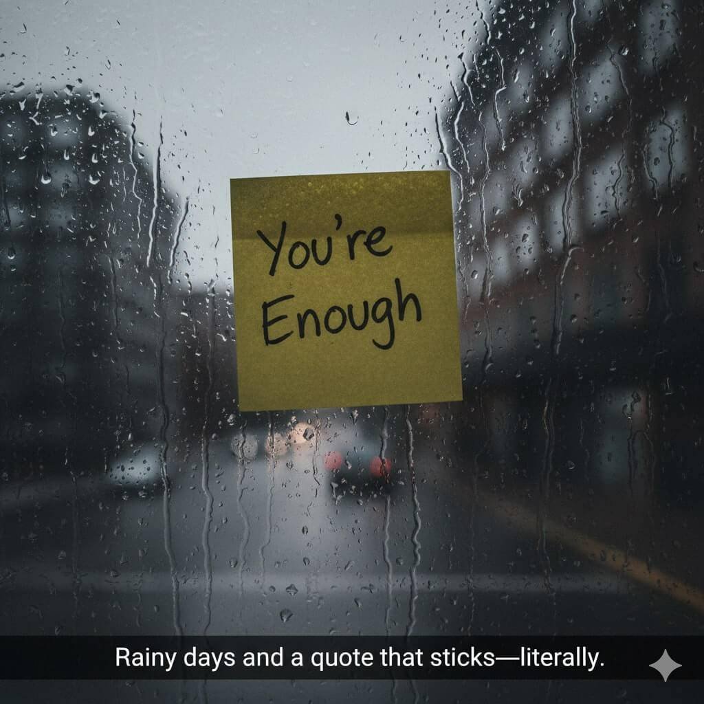 A blurry phone photo of a rainy window with a yellow sticky note that says, "You're Enough."