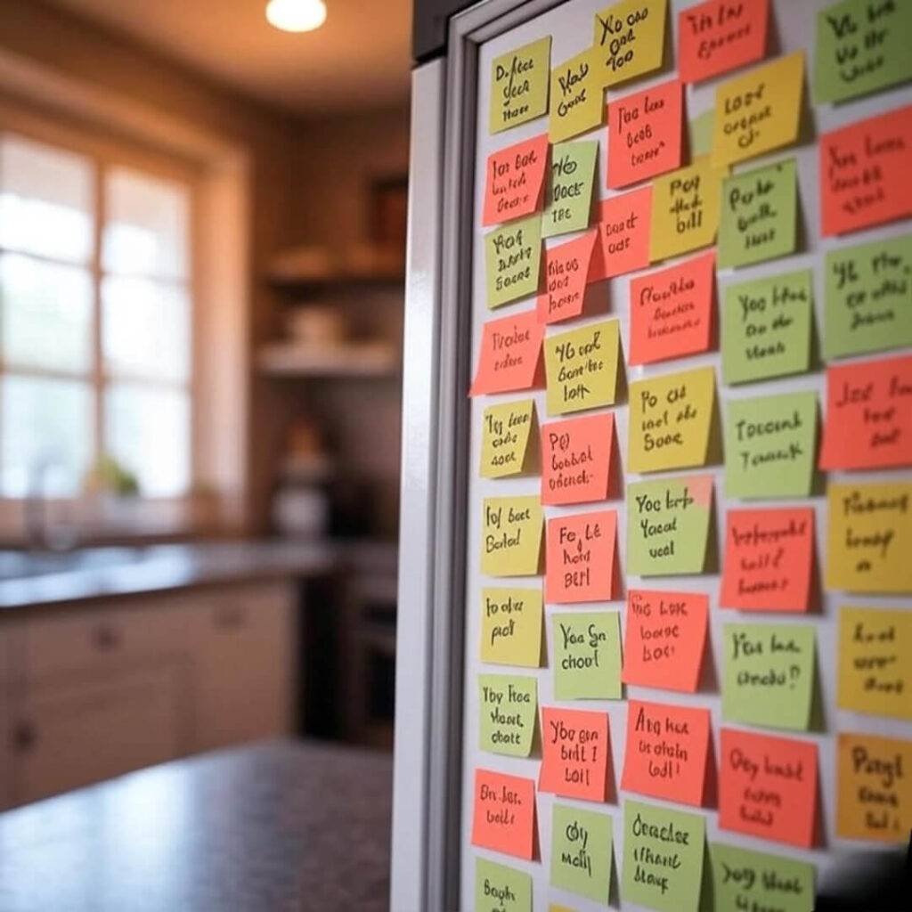 A high-resolution image of a fridge door covered in colorful Post-it notes with motivational phrases like “You got this” and “Pay that bill!”, shot from a low, slightly crooked angle in a muted gold-indigo palette with coral accents. Caption: “My fridge yelling at me to stay motivated.”