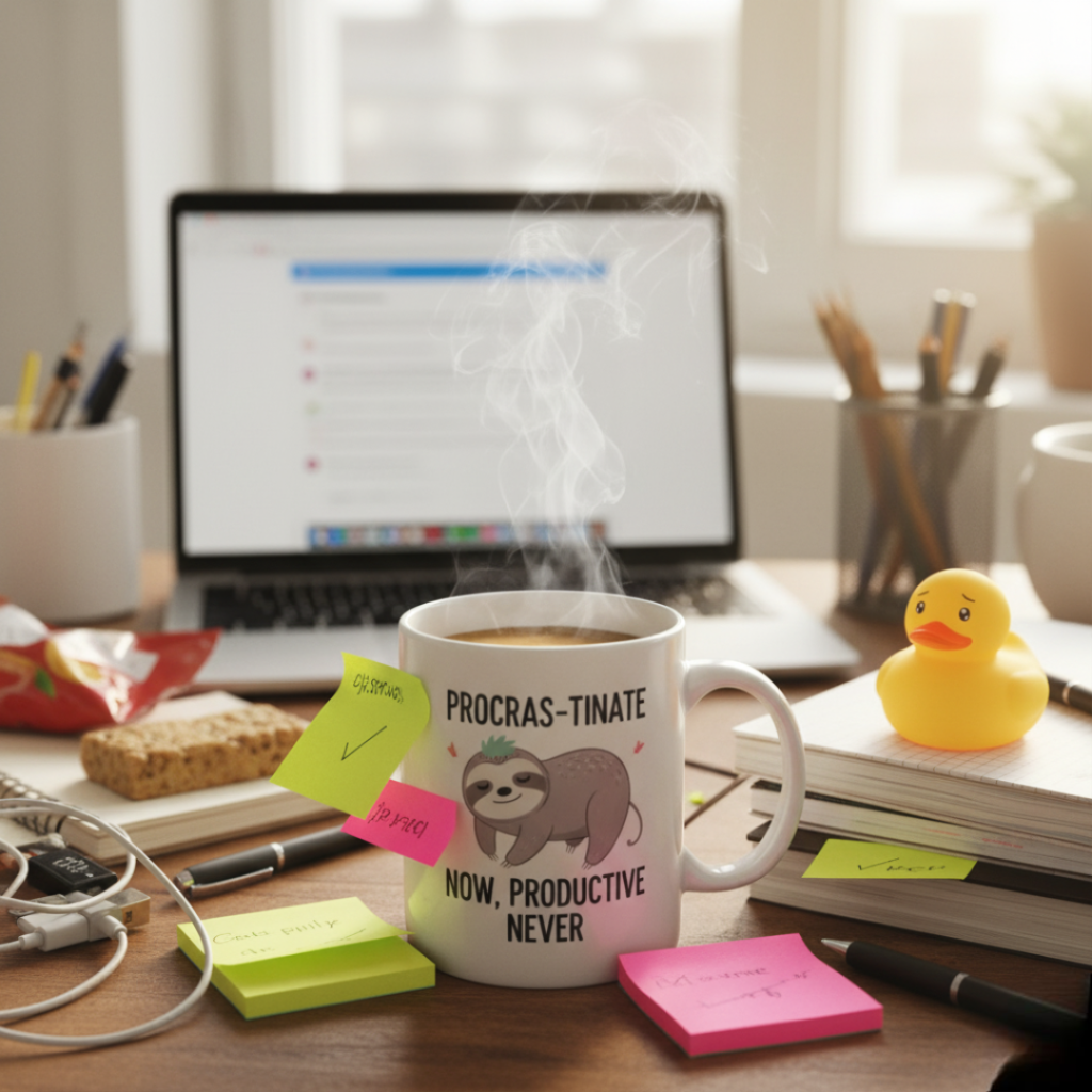 A candid, slightly blurry shot of a messy desk. A steaming coffee mug with a sloth graphic reads "PROCRASTINATE NOW, PRODUCTIVE NEVER." Peeling sticky notes and a rubber duck add to the scene of relatable procrastination.