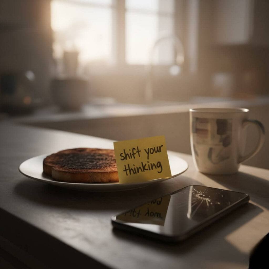 A blurred kitchen counter with burned toast, a "shift your thinking" sticky note, and a cracked phone, all lit by a blurry morning light.