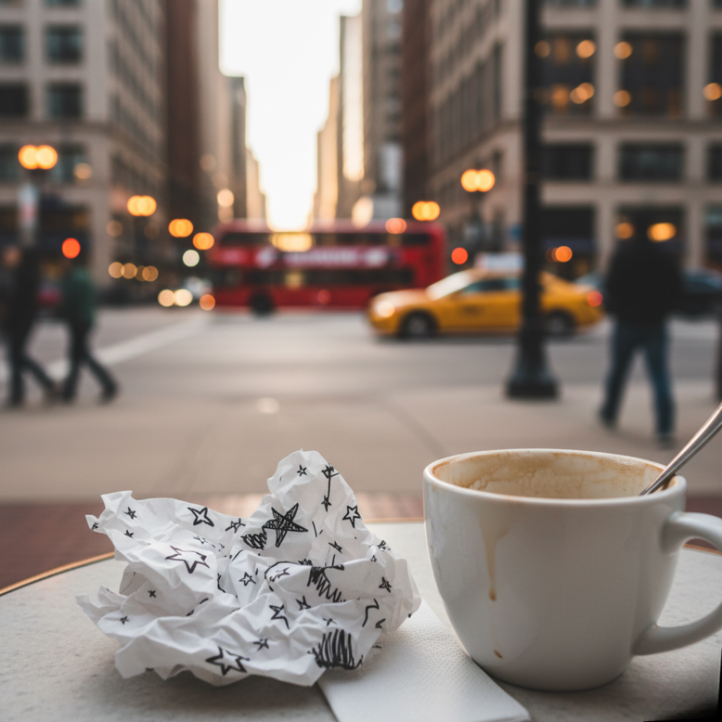 A crumpled napkin with black doodled stars rests next to a half-empty white coffee cup with a spoon, on a table in the foreground. In the blurry background, a bustling Chicago street scene is visible with cars, a red double-decker bus, a yellow taxi, and pedestrians.