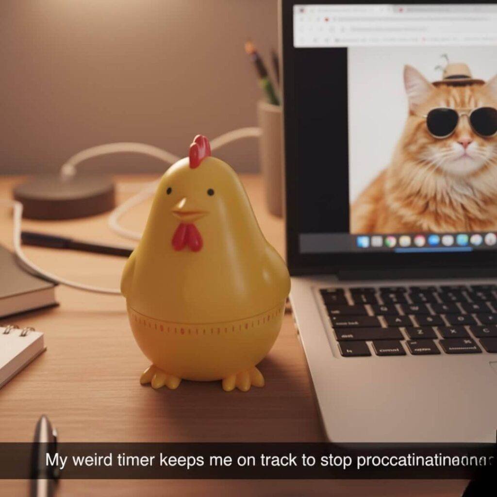 A blurry, warm-lit photo of a yellow chicken-shaped egg timer next to a laptop displaying a cat meme.