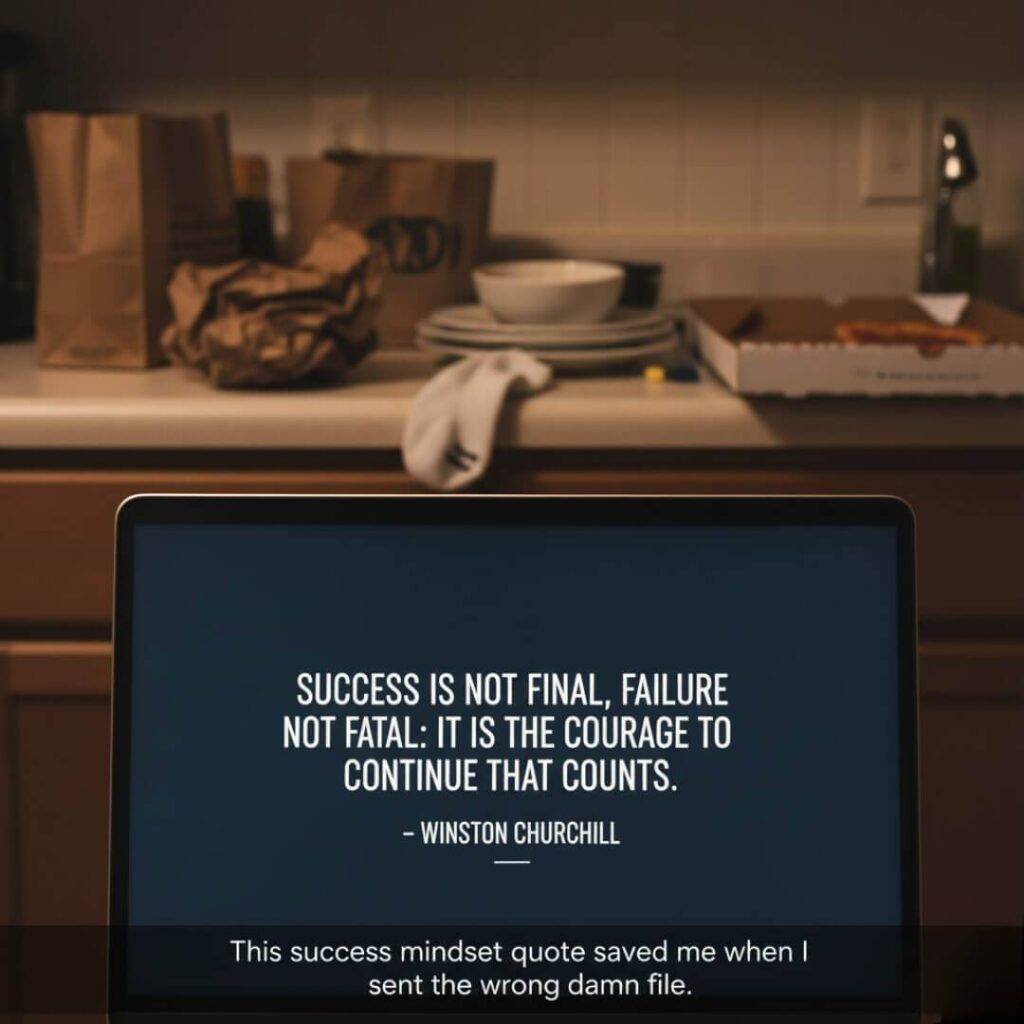 A blurry photo of a laptop displaying a Winston Churchill success mindset quote, with a messy kitchen counter in the background featuring takeout bags, dirty dishes, and a random sock.
