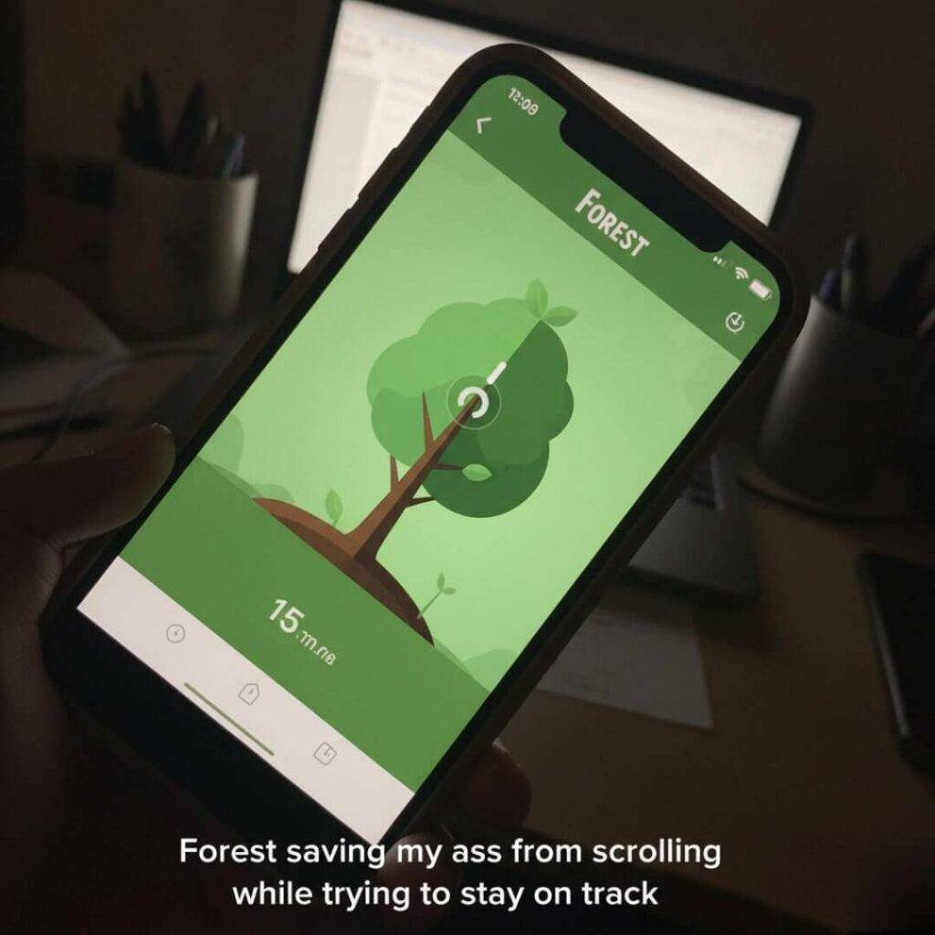 A wonky, tilted phone picture showing the Forest app with a half-grown tree, suggesting the user was fumbling while taking the photo.