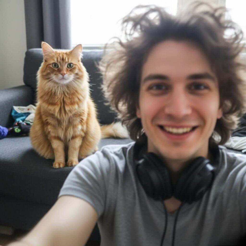Blurry selfie of a person mid-dance, with headphones tangled around their neck, smiling at the camera. A cat with an unamused expression sits on a couch in the background, staring directly forward.