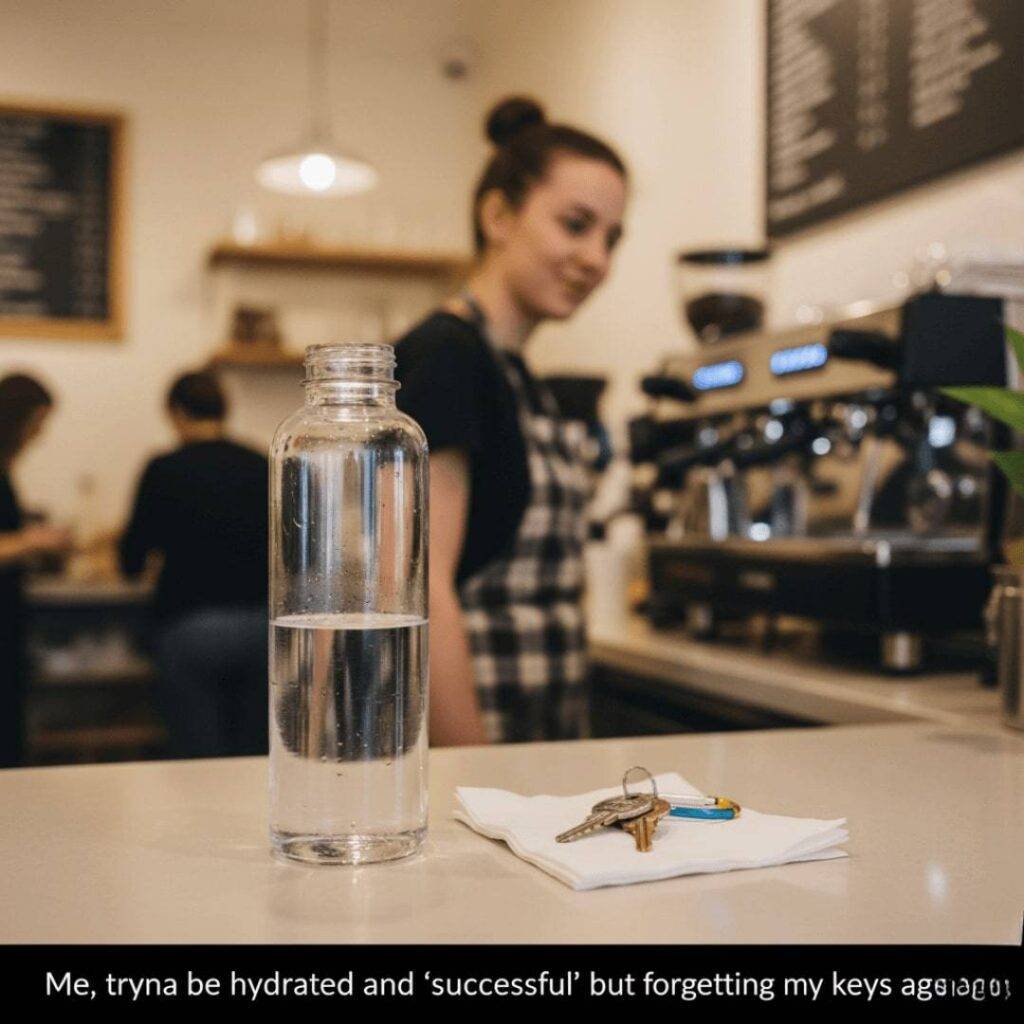 A blurry photo taken from a café counter showing a water bottle, keys half-covered by a napkin, and a barista in the background looking with a slight side-eye.
