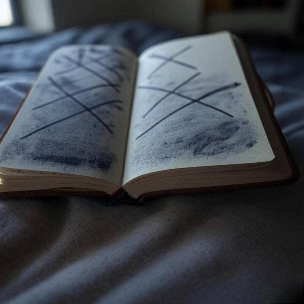 Open journal with smudged ink and crossed-out goals, shot crooked as if balanced on a water bottle, showcasing a raw and unfiltered process, in a 1:1 ratio.