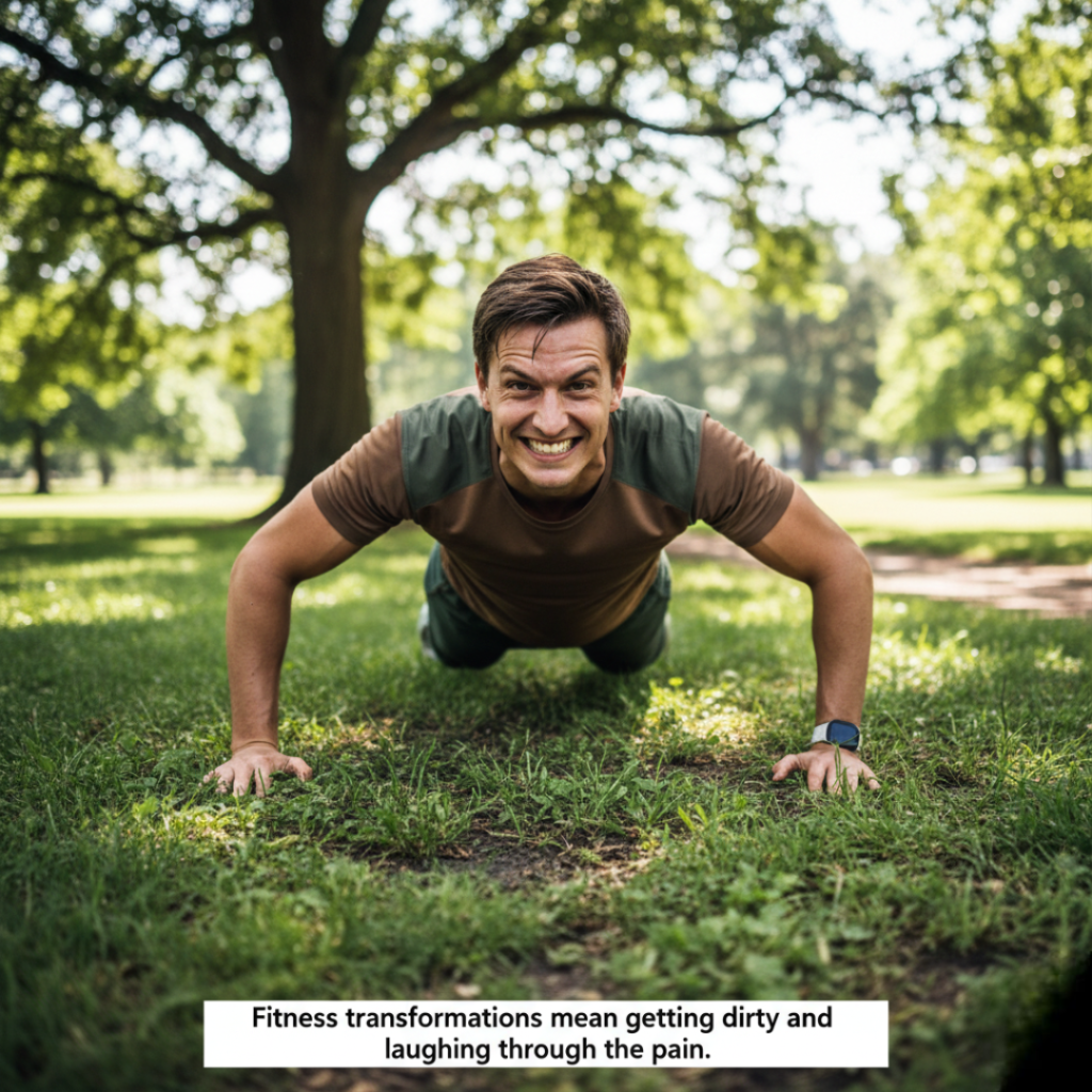 A person in a park, mid-push-up, with grass stains on their knees and a goofy, struggling grin.