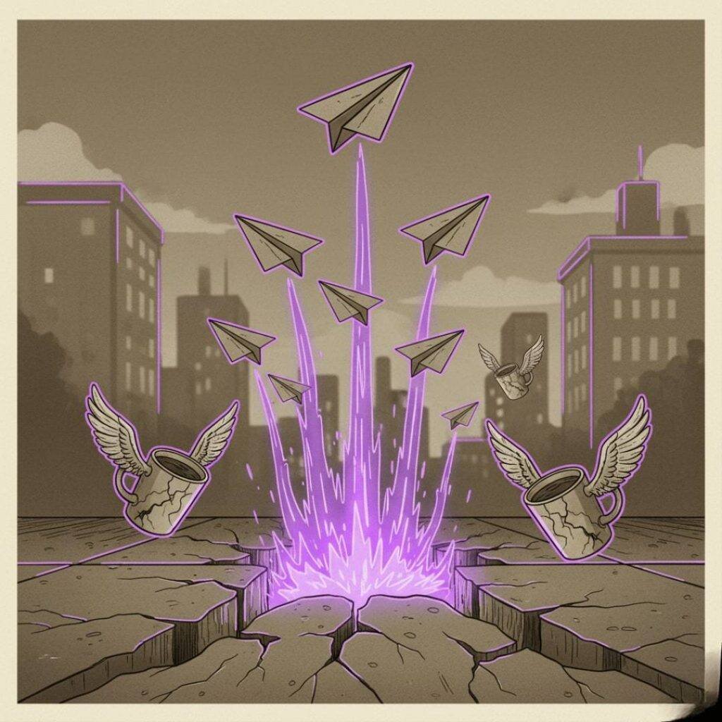 A vintage-style illustration showing a cracked city sidewalk with a neon purple glow erupting from the cracks, launching paper airplanes upwards, flanked by two cracked coffee mugs with wings.