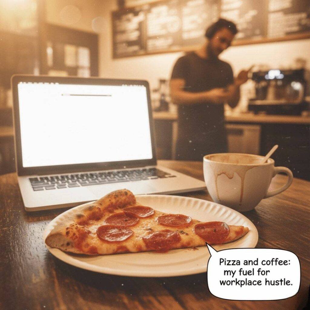 Café table with pizza, laptop, and coffee.