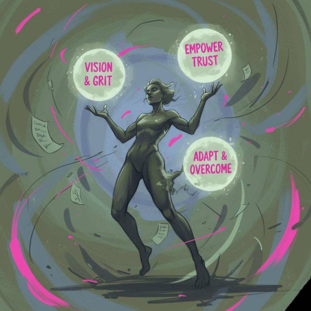 A high-resolution digital sketch of a figure juggling three glowing orbs, each inscribed with a leadership quote: "Vision & Grit," "Empower Trust," and "Adapt & Overcome." The surreal scene is rendered in an olive green and pink palette, with a wonky perspective, evoking a daydreaming state.