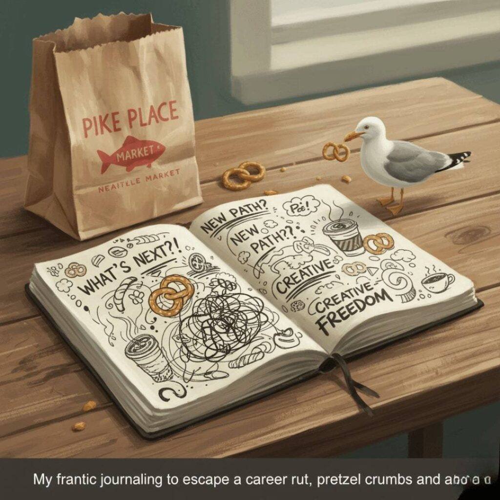 A messy journal filled with doodles and text like "WHAT'S NEXT?!" and "CREATIVE FREEDOM" sits on a table next to a Pike Place Market bag, while a seagull eats a pretzel.