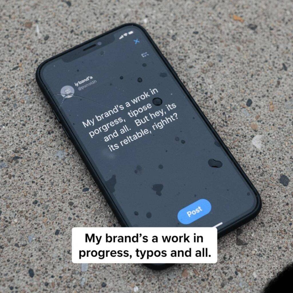 A close-up image of a phone lying on the ground at a weird angle, its screen smudged and displaying a typo-riddled X (formerly Twitter) post draft.