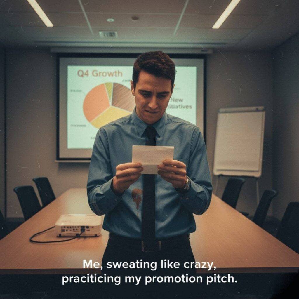 A retro-filtered photo of a person standing awkwardly in a meeting room, clutching a crumpled notecard, with a projector screen showing a slightly off-center pie chart. They are wearing a tie with a tiny coffee stain.