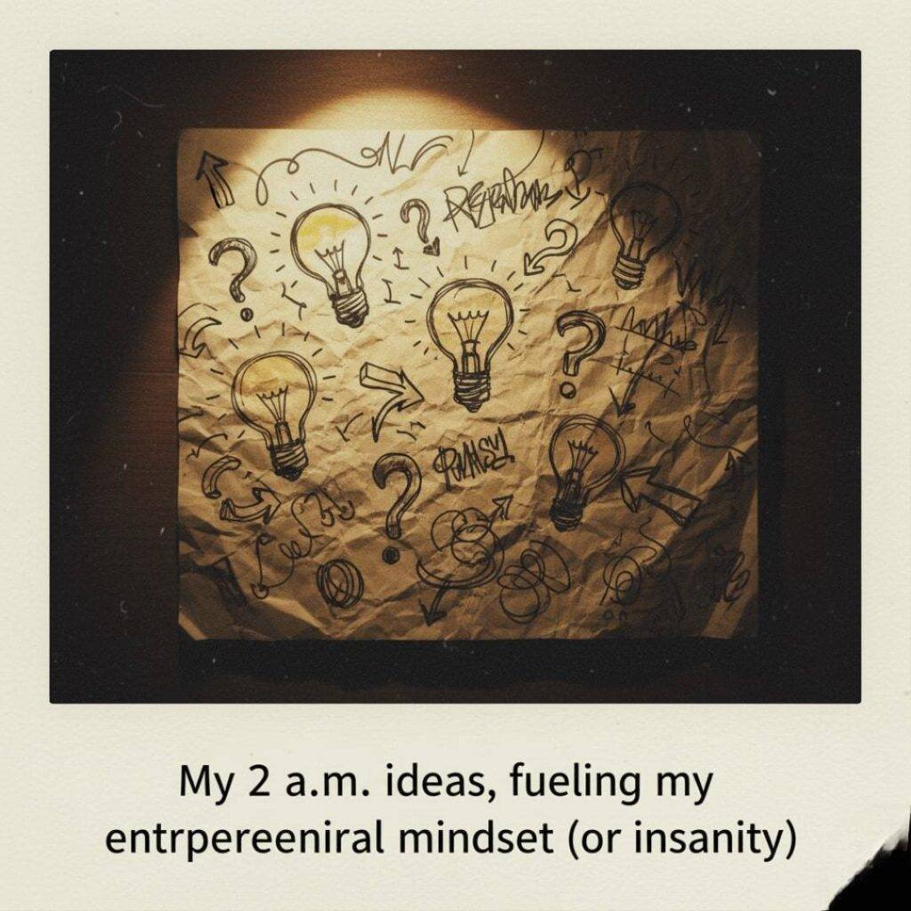 A crumpled notebook page covered with doodles of lightbulbs, question marks, and arrows, illuminated by a warm, dim light from a desk lamp. The image has a vintage Polaroid aesthetic. The caption below reads: "My 2 a.m. ideas, fueling my entrepreneurial mindset (or insanity)."