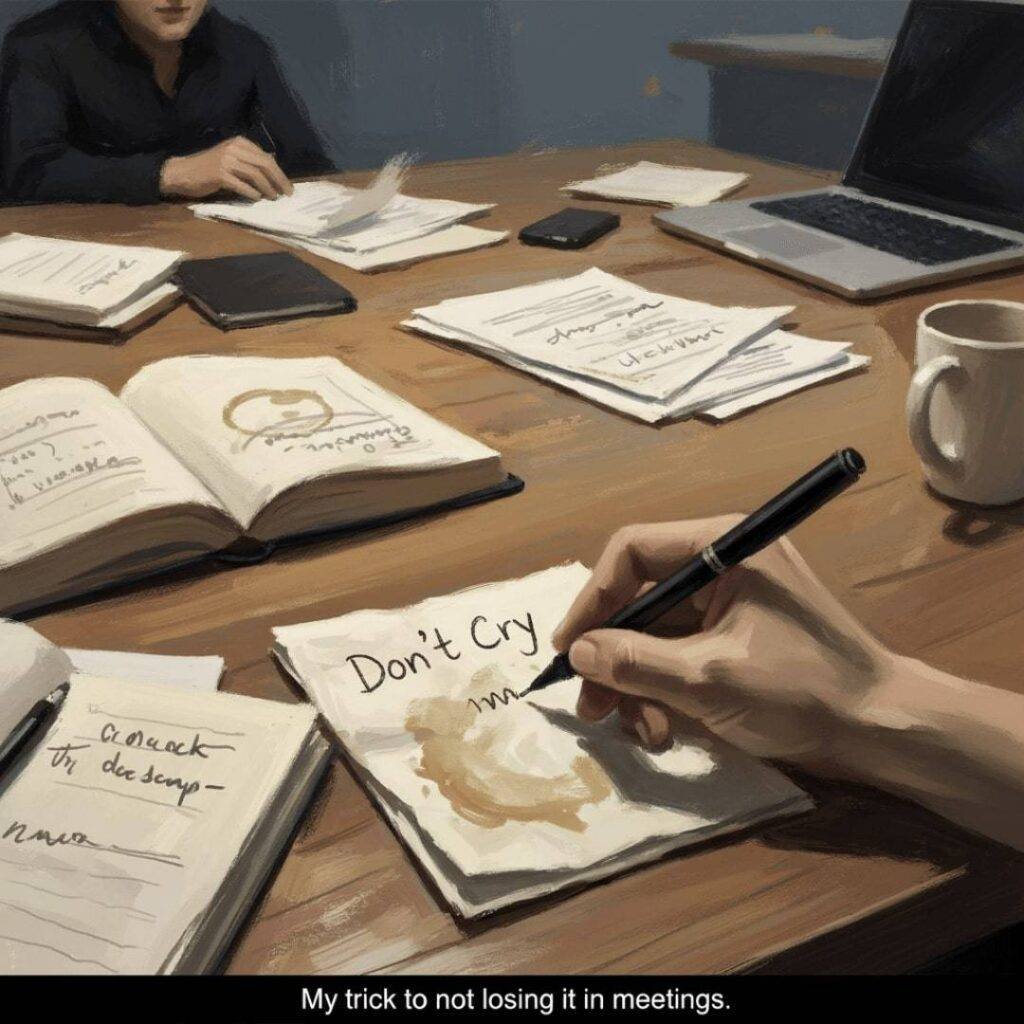 An impressionistic digital painting depicting a hand scribbling "Don't Cry" on a coffee-stained napkin during a chaotic meeting. Various papers, an open notebook, a laptop, and a coffee mug are strewn across the wooden table. The image has a messy and raw feel. The caption below reads: "My trick to not losing it in meetings."