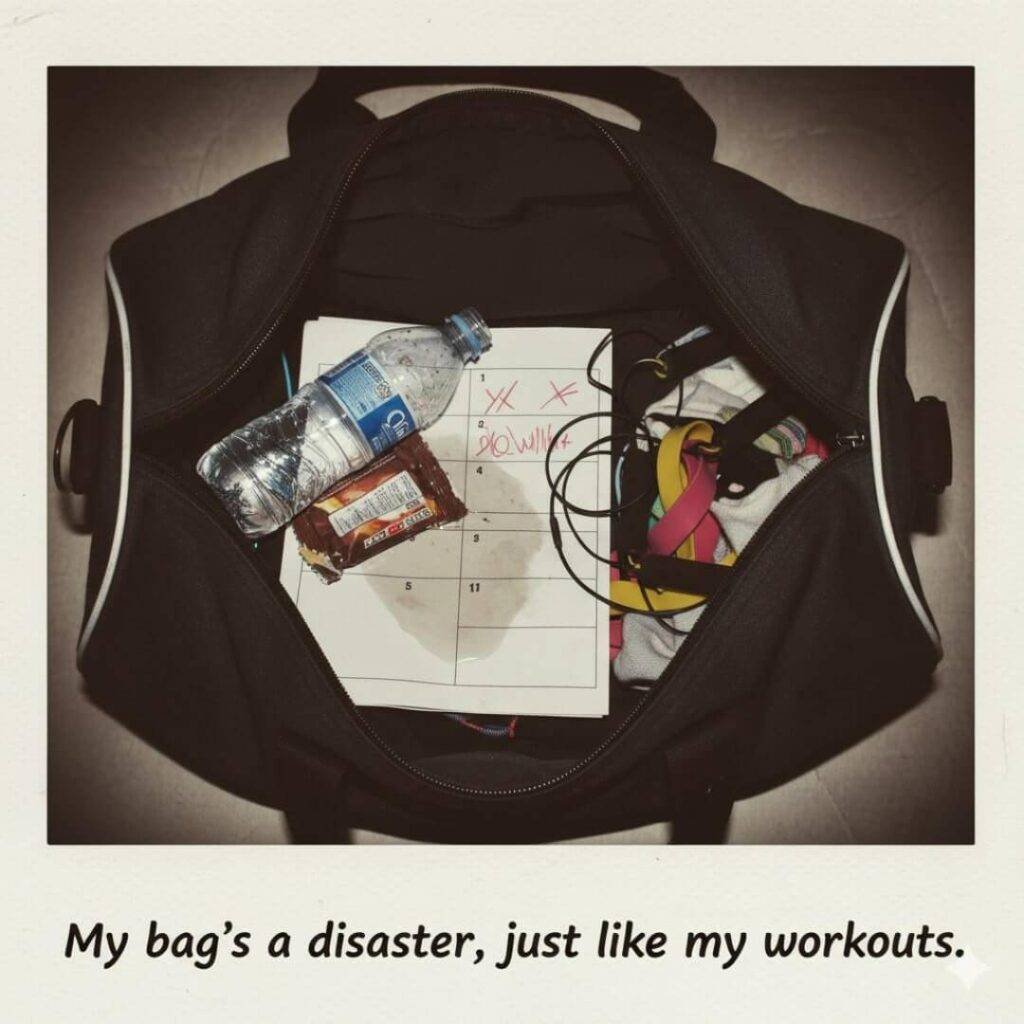 A top-down view of an open black gym bag, presented with a vintage Polaroid effect. Inside, a crumpled workout plan with handwritten notes, a half-empty water bottle that has leaked, a wrapper from a protein bar, and tangled resistance bands are visible, creating a sense of organized chaos. The caption reads "My bag's a disaster, just like my workouts."