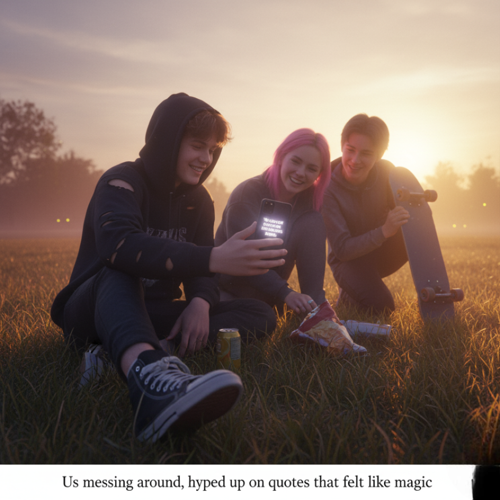 A low-angle, high-resolution shot of three teens hanging out in a park at sunset. One teen in a ripped hoodie and a single sneaker is showing a quote on their phone to a friend with pink hair, while another friend with a skateboard looks on. The sunset is hazy and golden.