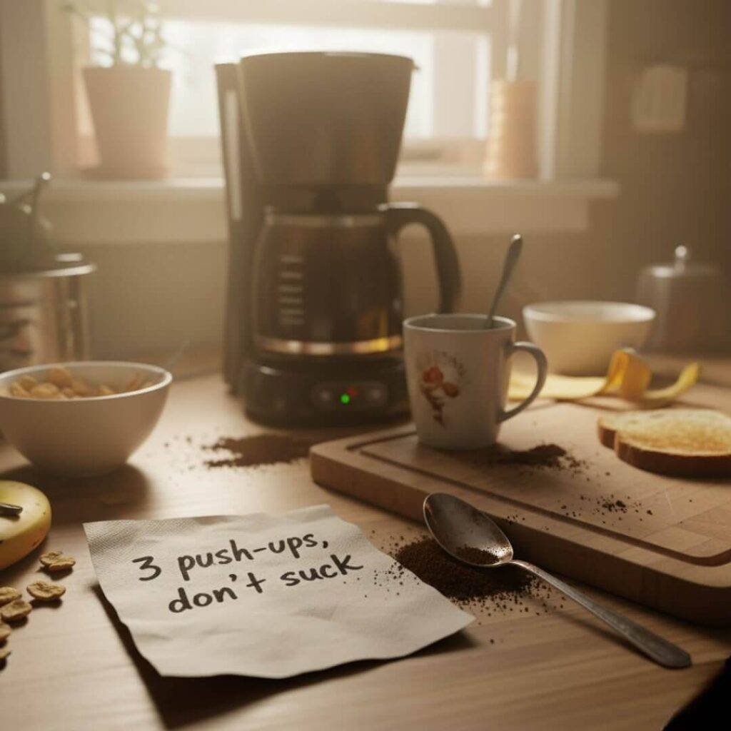 A messy kitchen counter with a coffee maker, spilled coffee grounds, and a napkin with "3 push-ups, don't suck" written on it, bathed in hazy morning light.