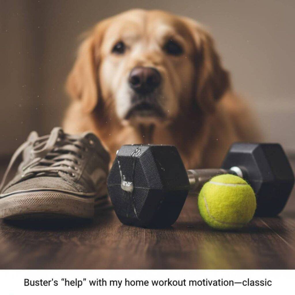 create an image of A messy corner with a kettlebell, a spilled Gatorade bottle, and a sticky note that says “Don’t Quit” in smudged ink. Caption: My chaotic home gym, where I fight for home workout motivation daily.