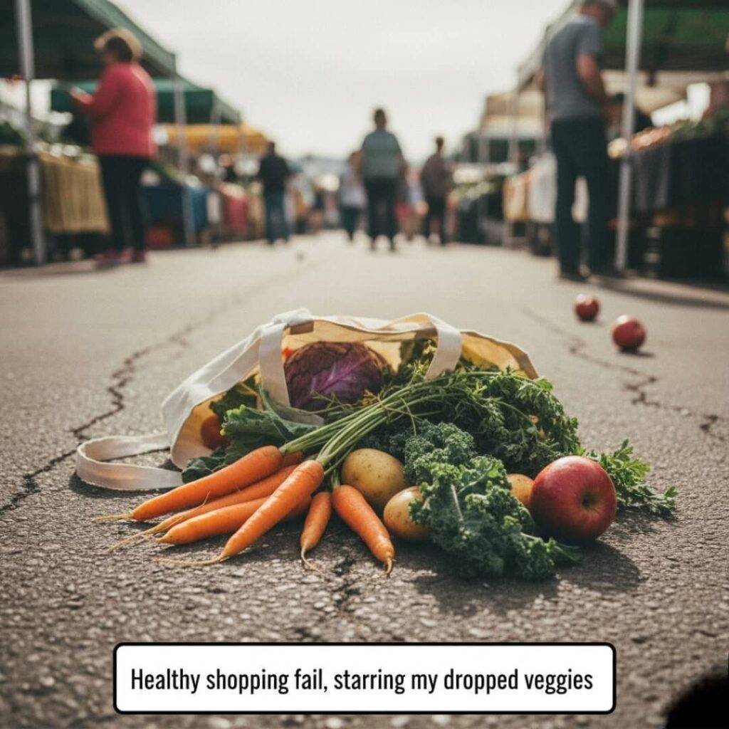 A reusable tote bag lies on the pavement at a farmers' market, spilling carrots, kale, and other produce onto the ground, captured from a low, slightly grainy perspective.
