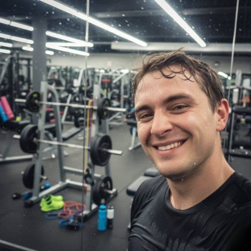 A blurry, sweat-soaked gym mirror selfie of a person with a goofy, lopsided grin, with gym equipment visible in the background.