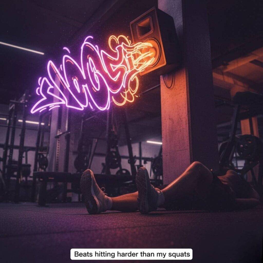 A low-angle shot of a gym speaker blasting music, with vibrant graffiti-style neon sound waves overlaid, a person lying on the floor in the foreground, and a purple-orange color scheme.