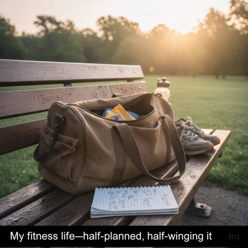 Gym bag and workout journal on a dew-covered park bench at sunrise.
