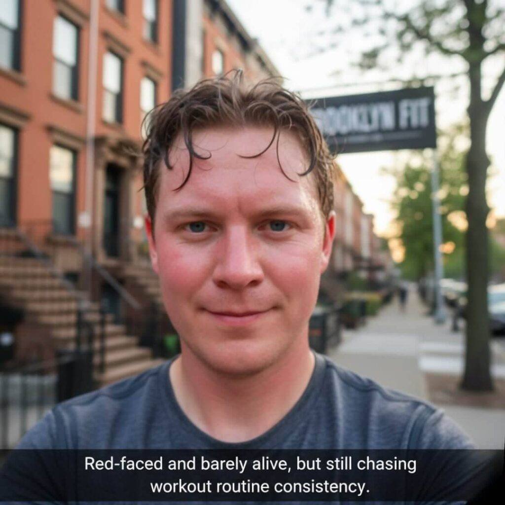 "A blurry, close-up selfie of a man, sweaty and smiling, with red brownstones and a 'BROOKLYN FIT' sign in the background. Text overlay reads: 'Red-faced and barely alive, but still chasing workout routine consistency.'"
