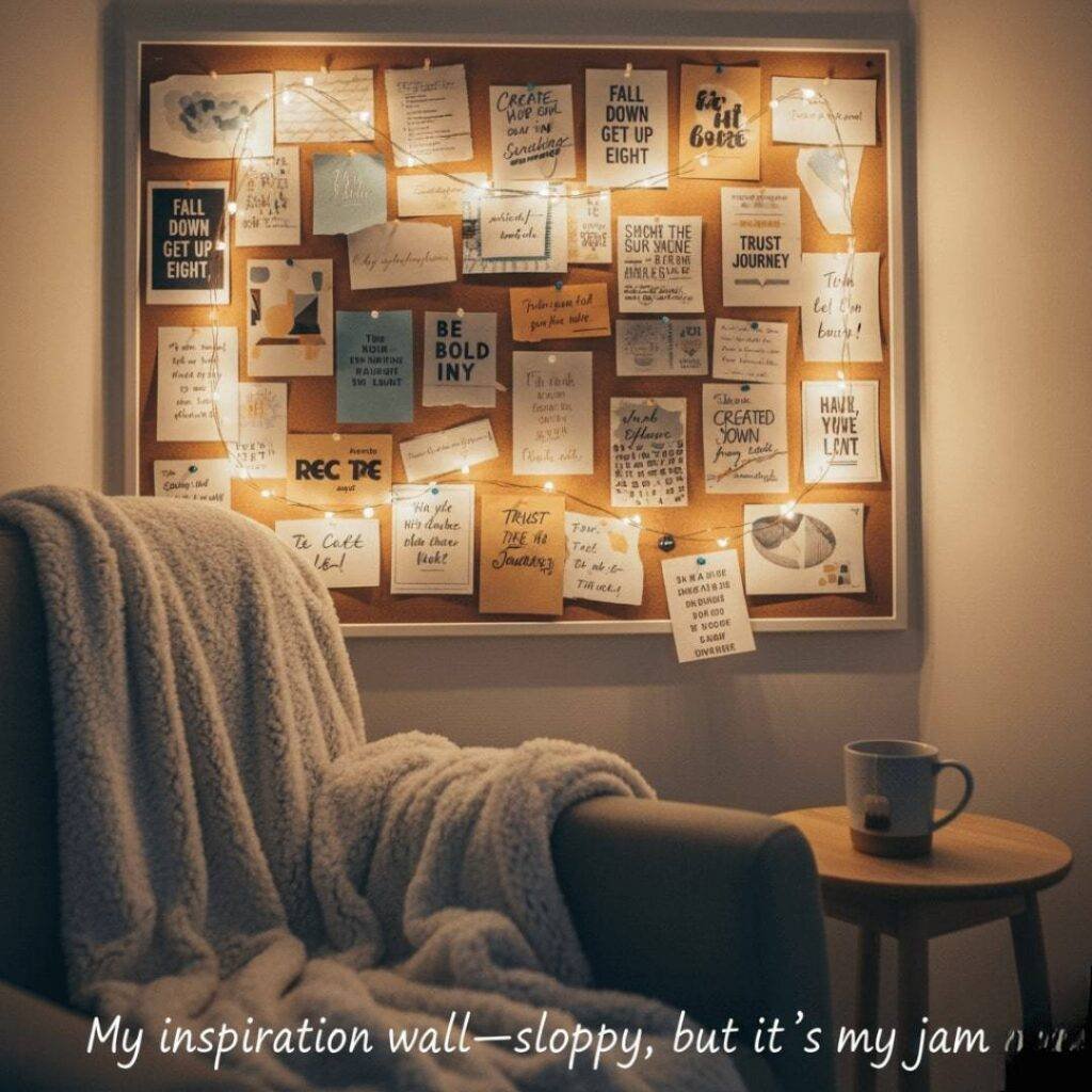 A bulletin board covered with various notes and quotes, illuminated by fairy lights, hangs above a cozy armchair draped with a blanket. A small side table next to the chair holds a mug.