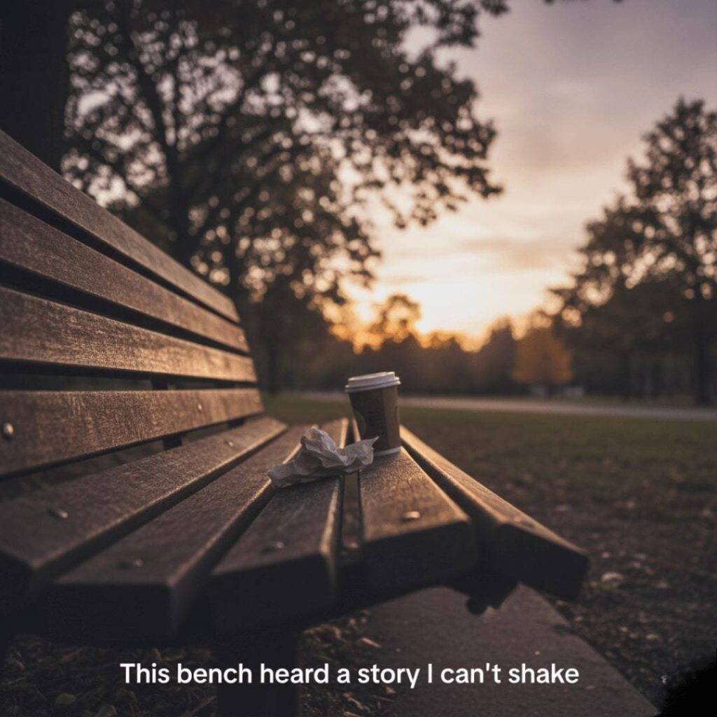 A crooked, slightly blurry shot of a wooden park bench at dusk, with a crumpled napkin and a coffee cup on it. Trees are visible in the background against the sunset.