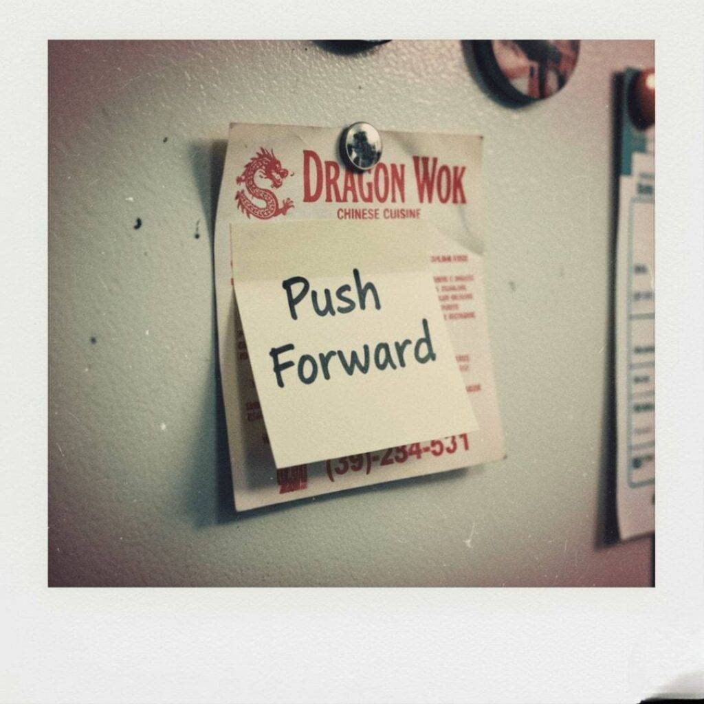 "Push Forward" on a faded Post-it partially covered by a takeout menu on a fridge, in a vintage Polaroid style.