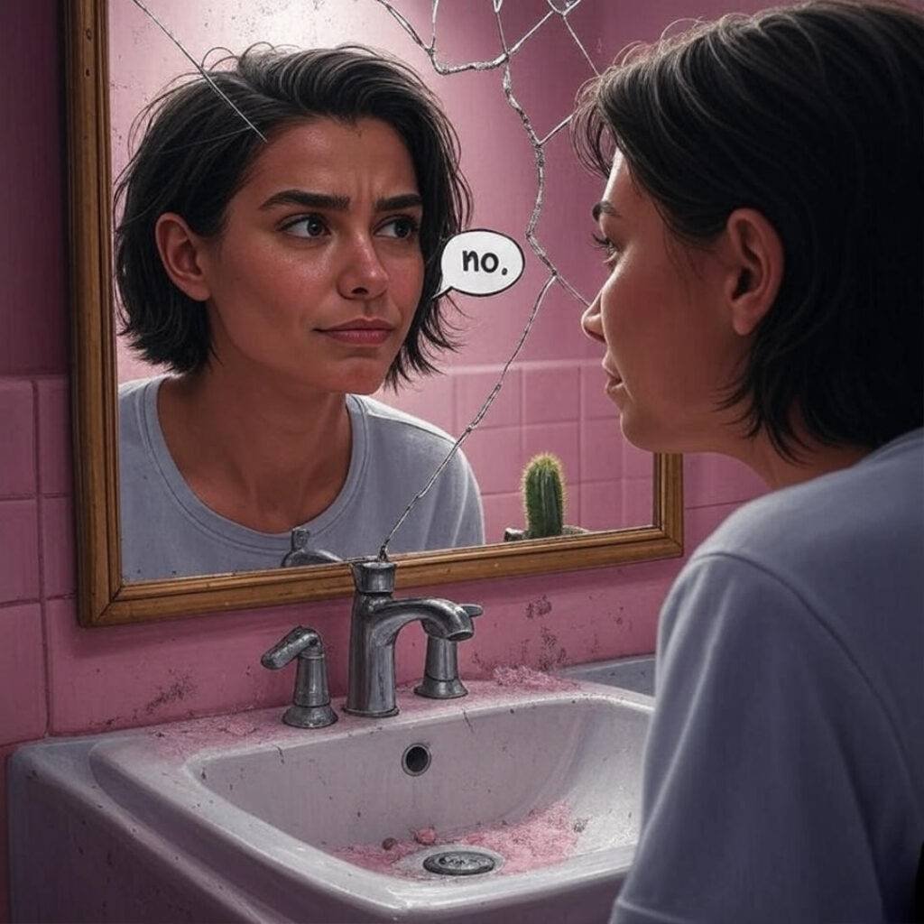 : A sloppy yet charming digital painting of a person in a cracked bathroom mirror practicing ānoā with a half-confident, half-doubting face, a tiny cactus on the sink symbolizing boundaries, in dusty pinks and charcoal grays, conveying a joking yet serious mood