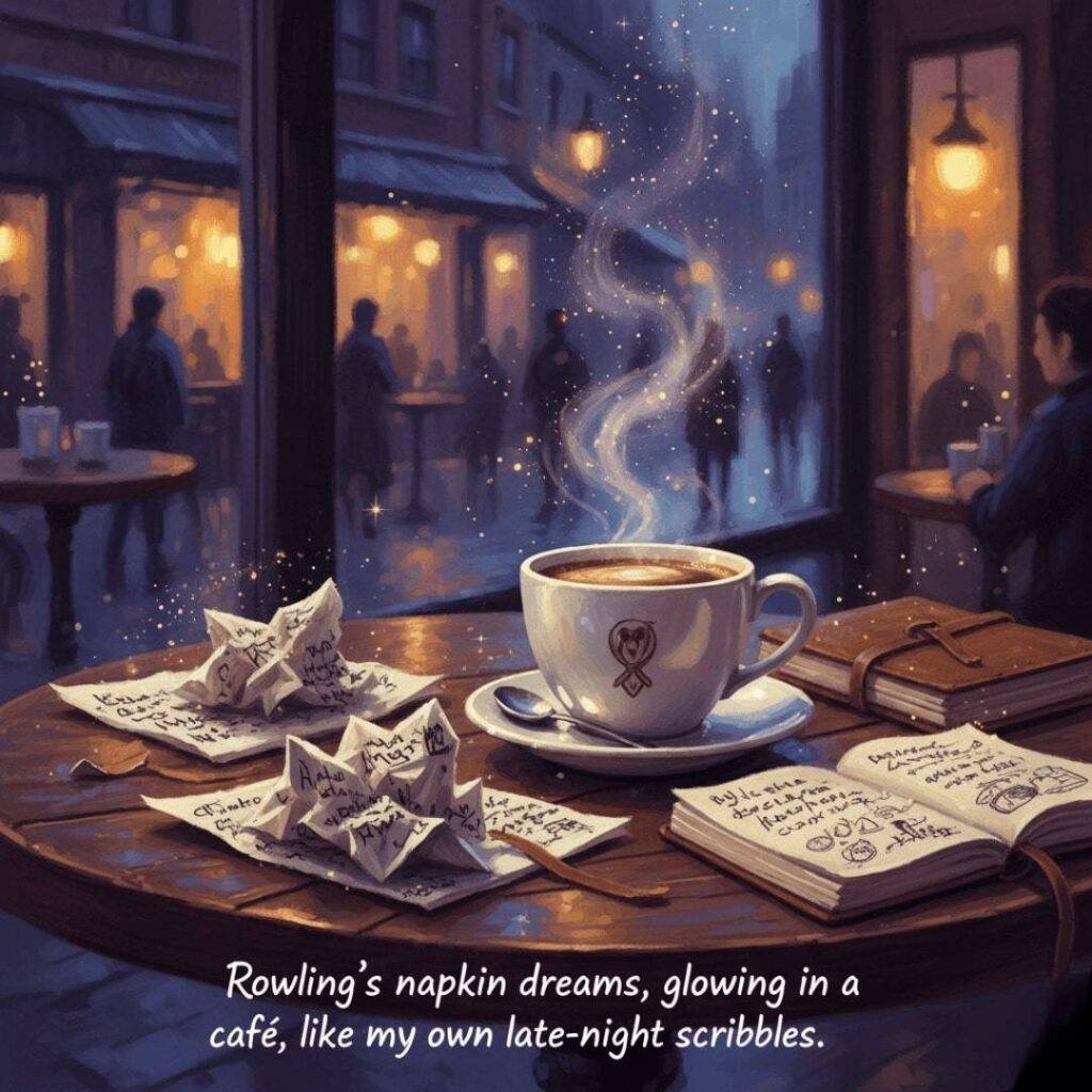 Impressionistic painting of a café table with scribbled napkins, a steaming coffee cup, and faint magical sparkles.