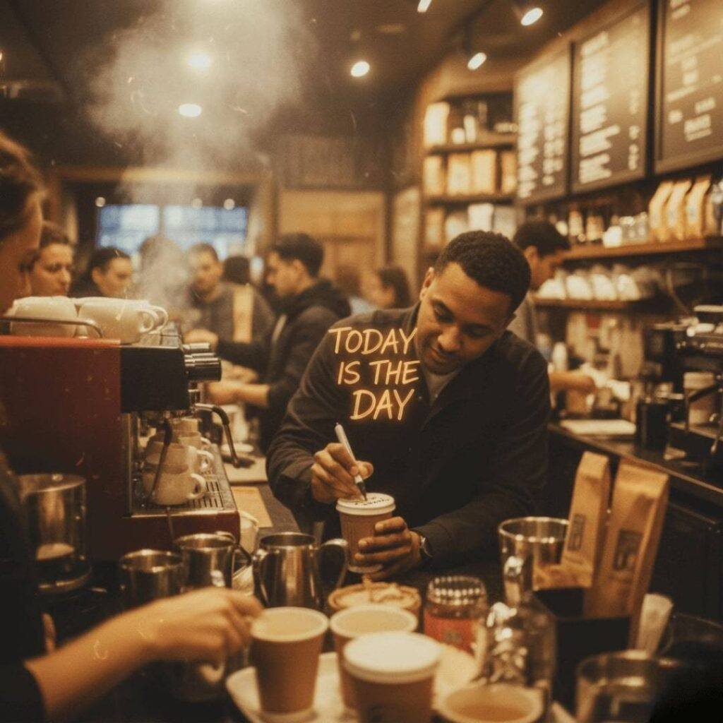 A blurry shot of a busy coffee shop with a barista writing on a cup.
