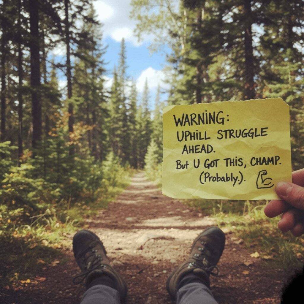 Weary trail view with a spark of self-belief humor