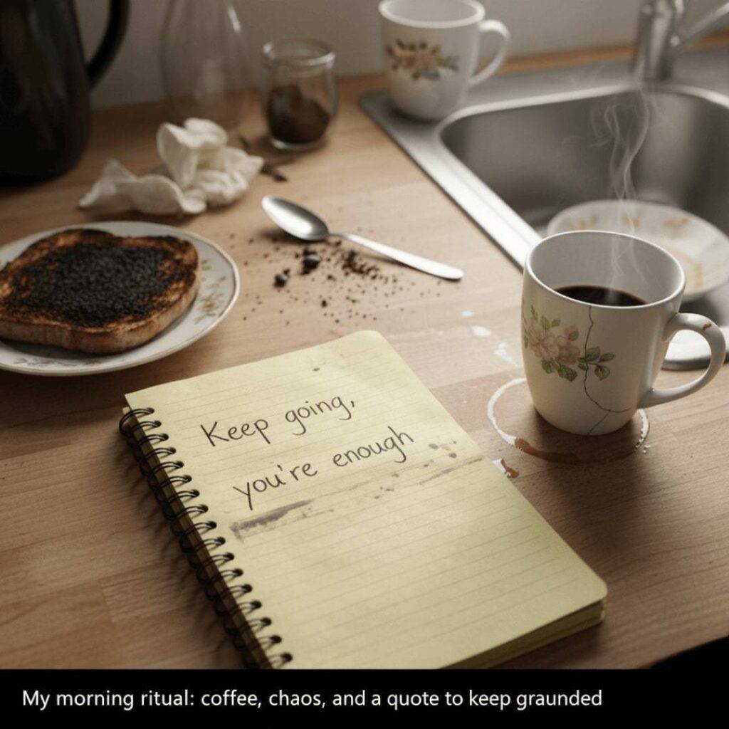 Chaotic kitchen counter with a notebook open to "Keep going, you're enough," next to burnt toast and a chipped coffee mug.