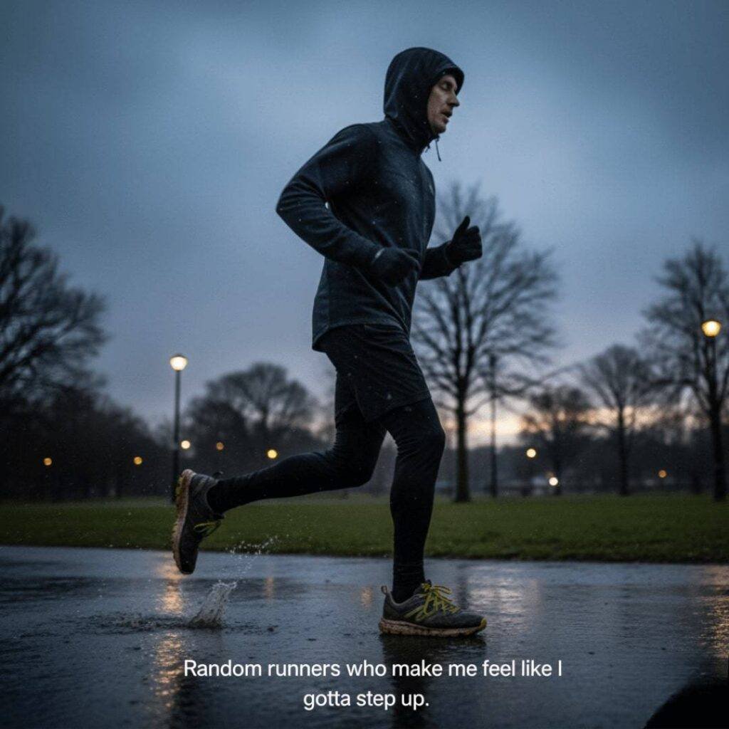 A blurred-faced runner in a park at dusk, captured at an odd side angle.