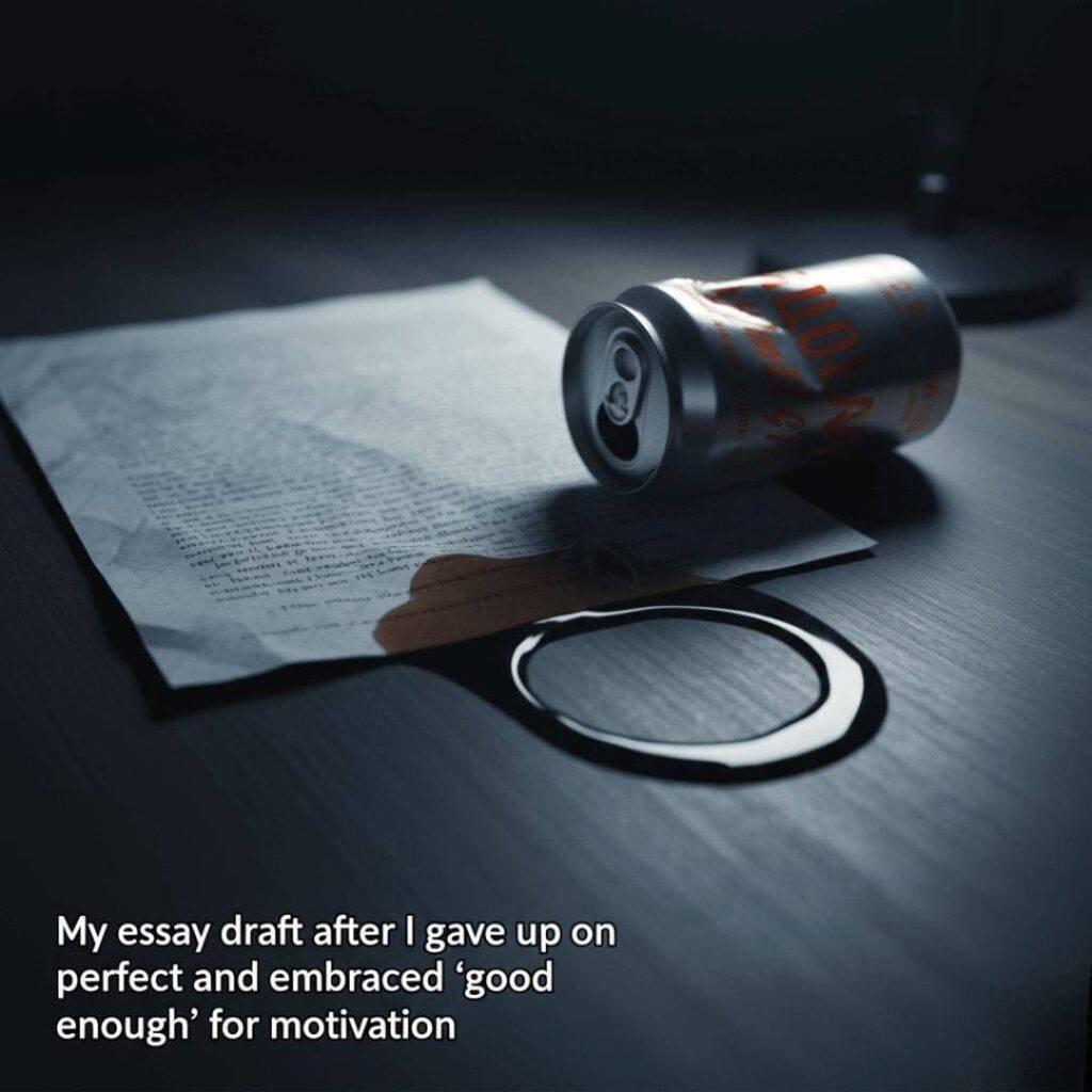 A crumpled essay draft on a desk next to a spilled energy drink can, lit by a dim light.