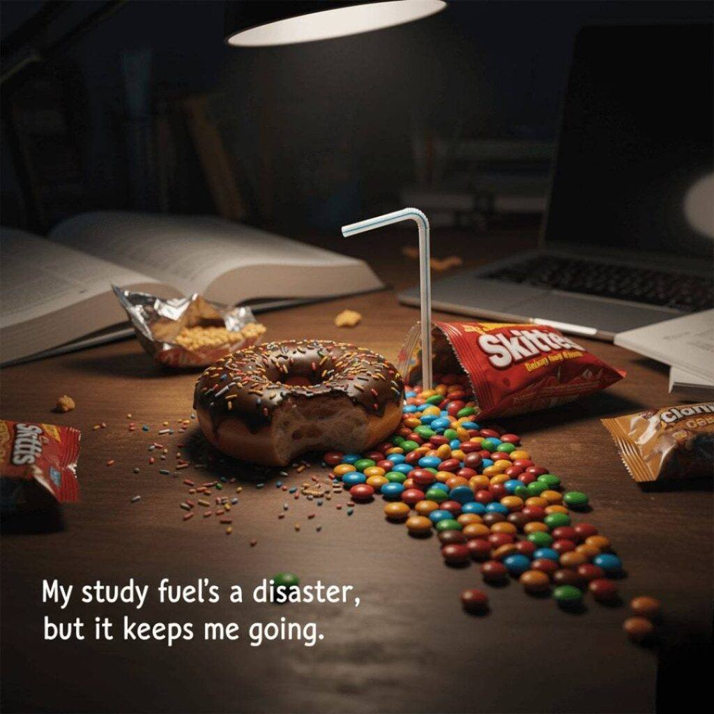 Messy study snacks, including a half-eaten donut, spilled Skittles, and a bent straw.