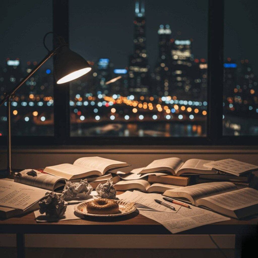 A cluttered desk with books, crumpled papers, and a half-eaten bagel, with a city skyline at night in the background.