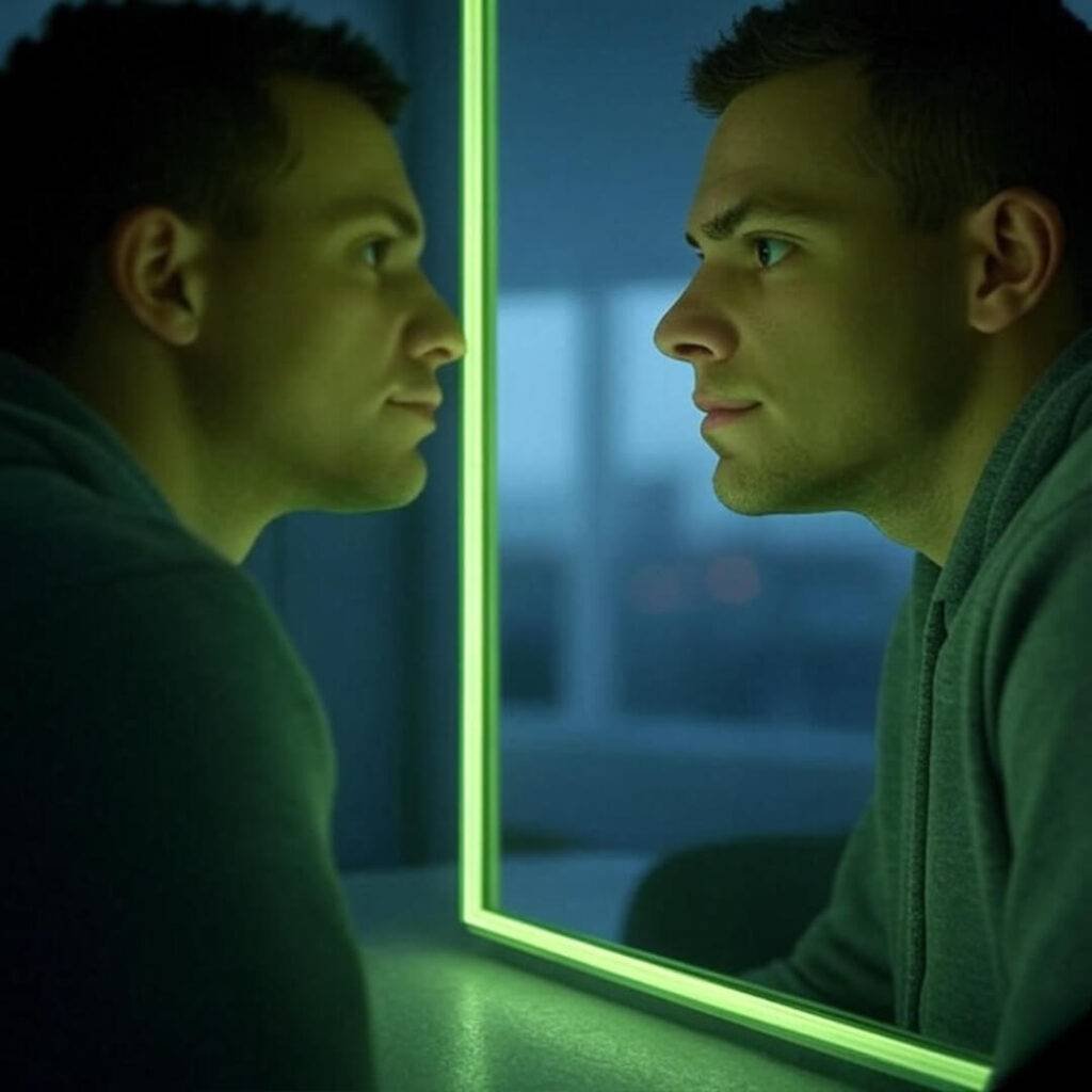 Slightly blurred photorealistic sketch of a person gazing into a neon-green framed mirror, side angle showing a doubtful self contrasted by a bold, smirking reflection, with a sly, humorous vibe.