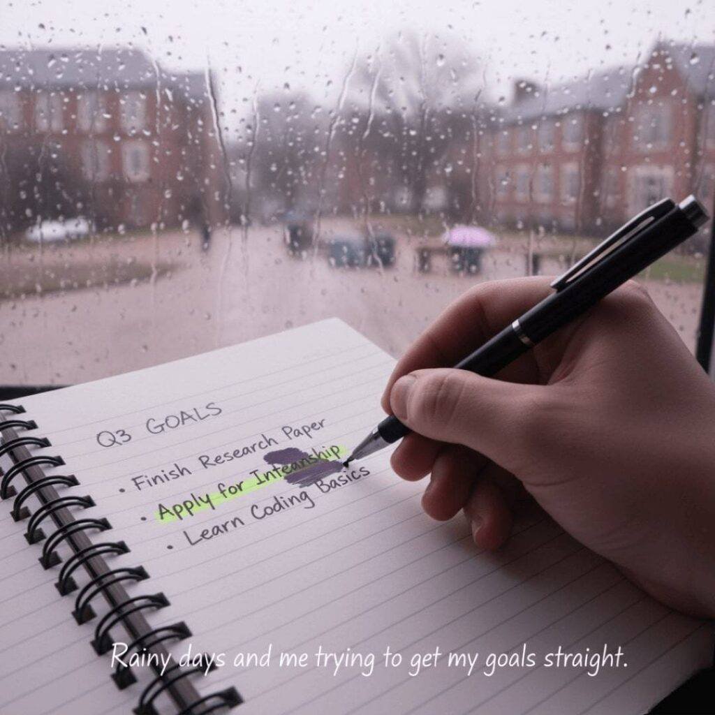 A hand writes "Q3 GOALS" in a notebook, with a rainy campus visible through a window in the background.