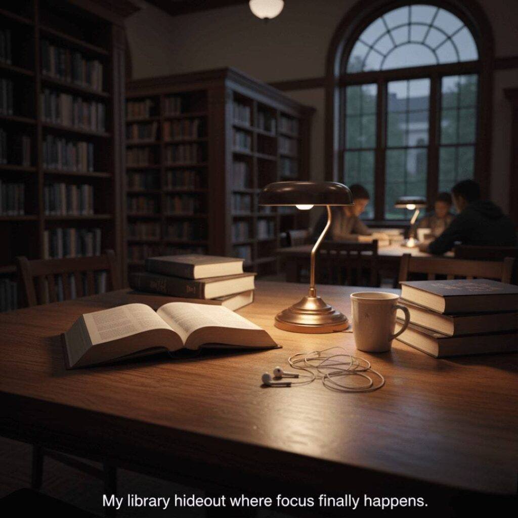 A cozy, low-angle shot of a library table with an open book, stacked books, tangled earbuds, a coffee cup, and a desk lamp, set against a backdrop of bookshelves and other students studying.