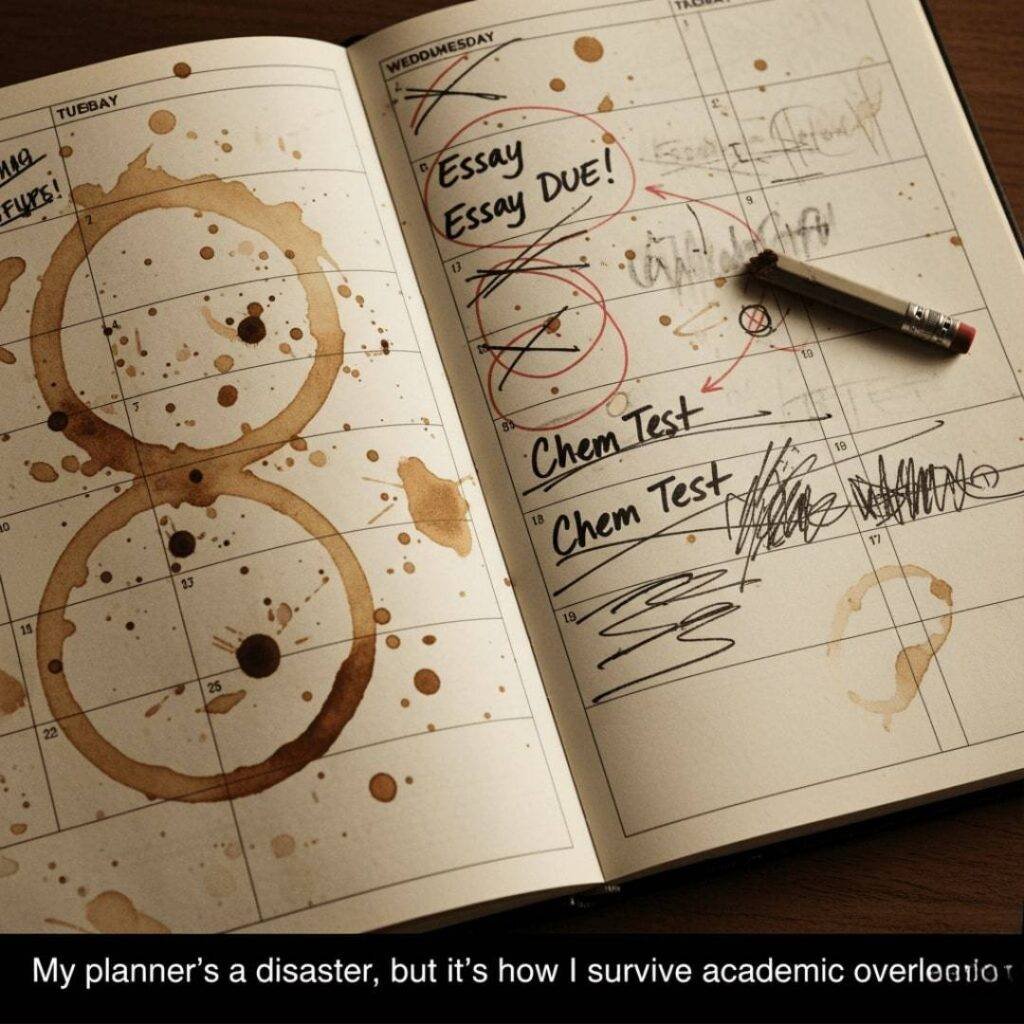 Planner with coffee stains, smudged ink, and scrawled deadlines.