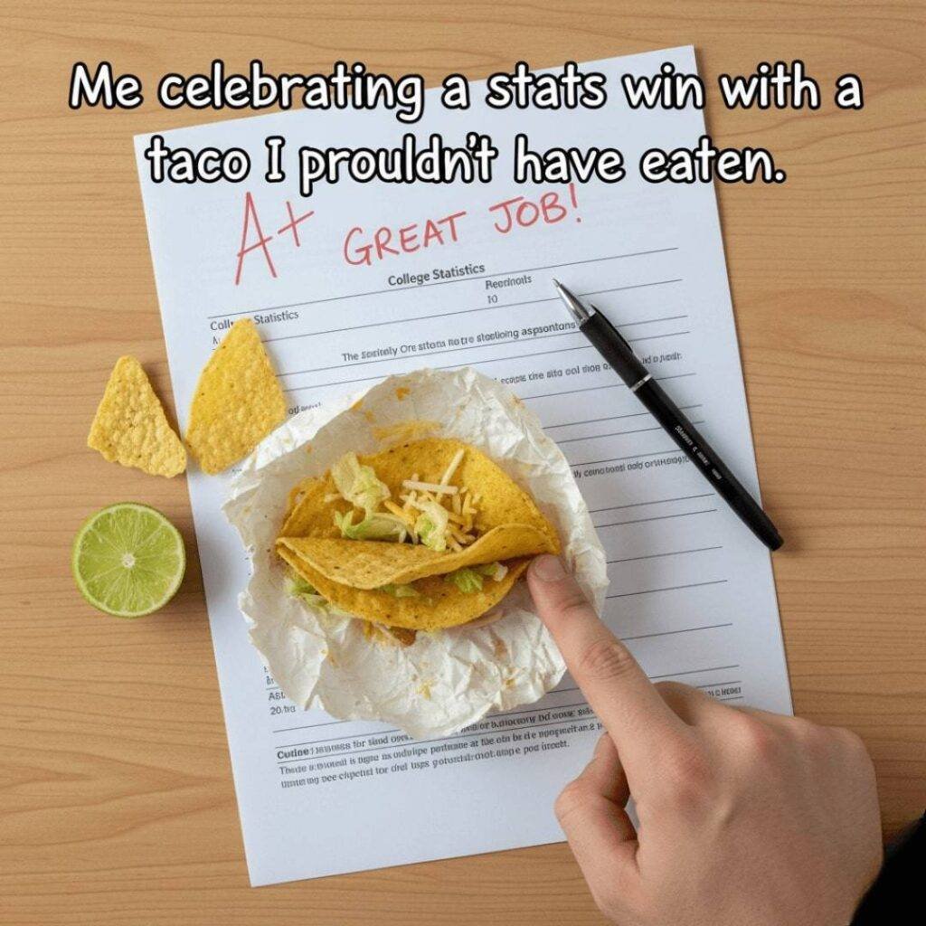 A desk from above, showing a taco, tortilla chips, and a lime next to a finished assignment with an "A+ GREAT JOB!" grade.