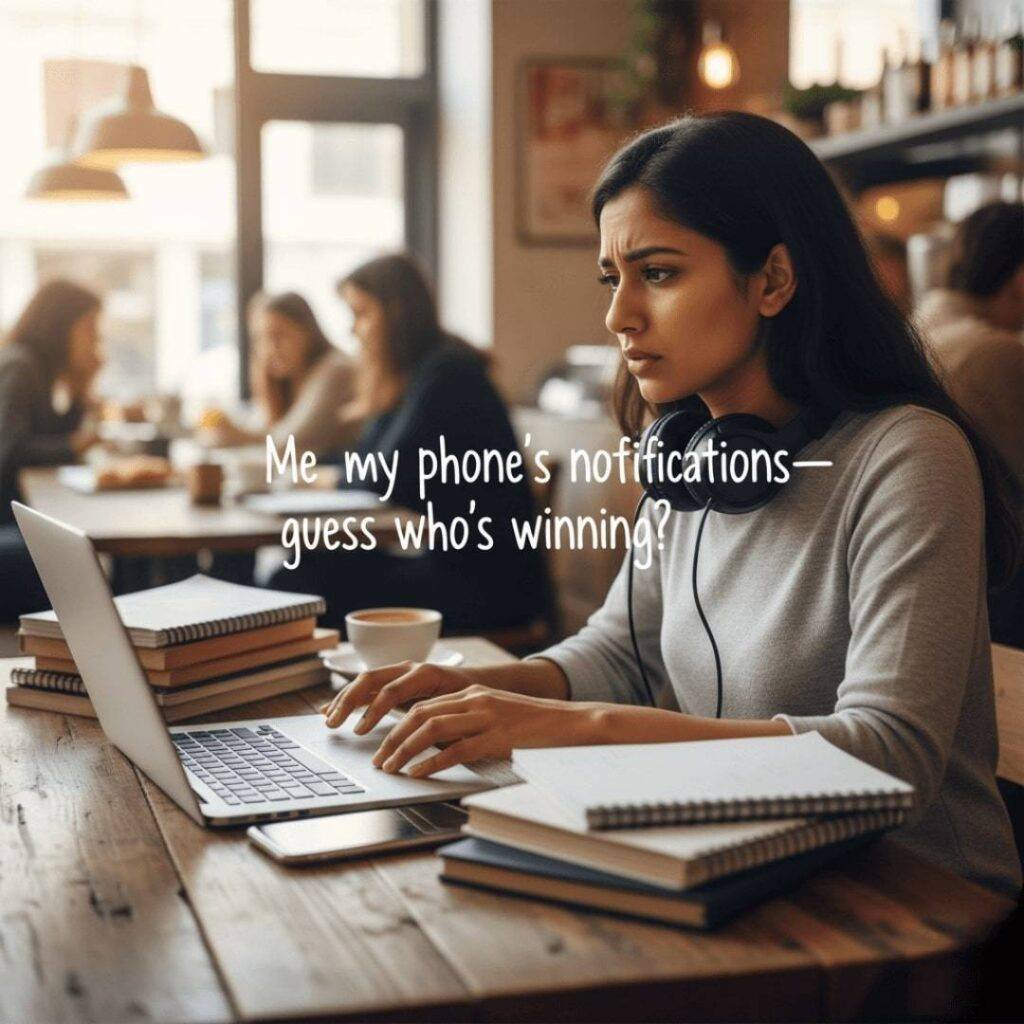 A person in a coffee shop looking stressed by phone notifications while working on a laptop.