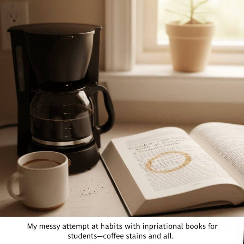 A slightly blurry shot of a coffee maker, a mug, and a textbook with a coffee stain